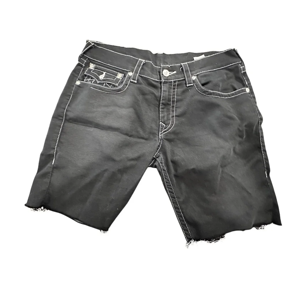 True Religion Mens Black White Thick Stitch‎ Straight Denim Cut Off Shorts 33